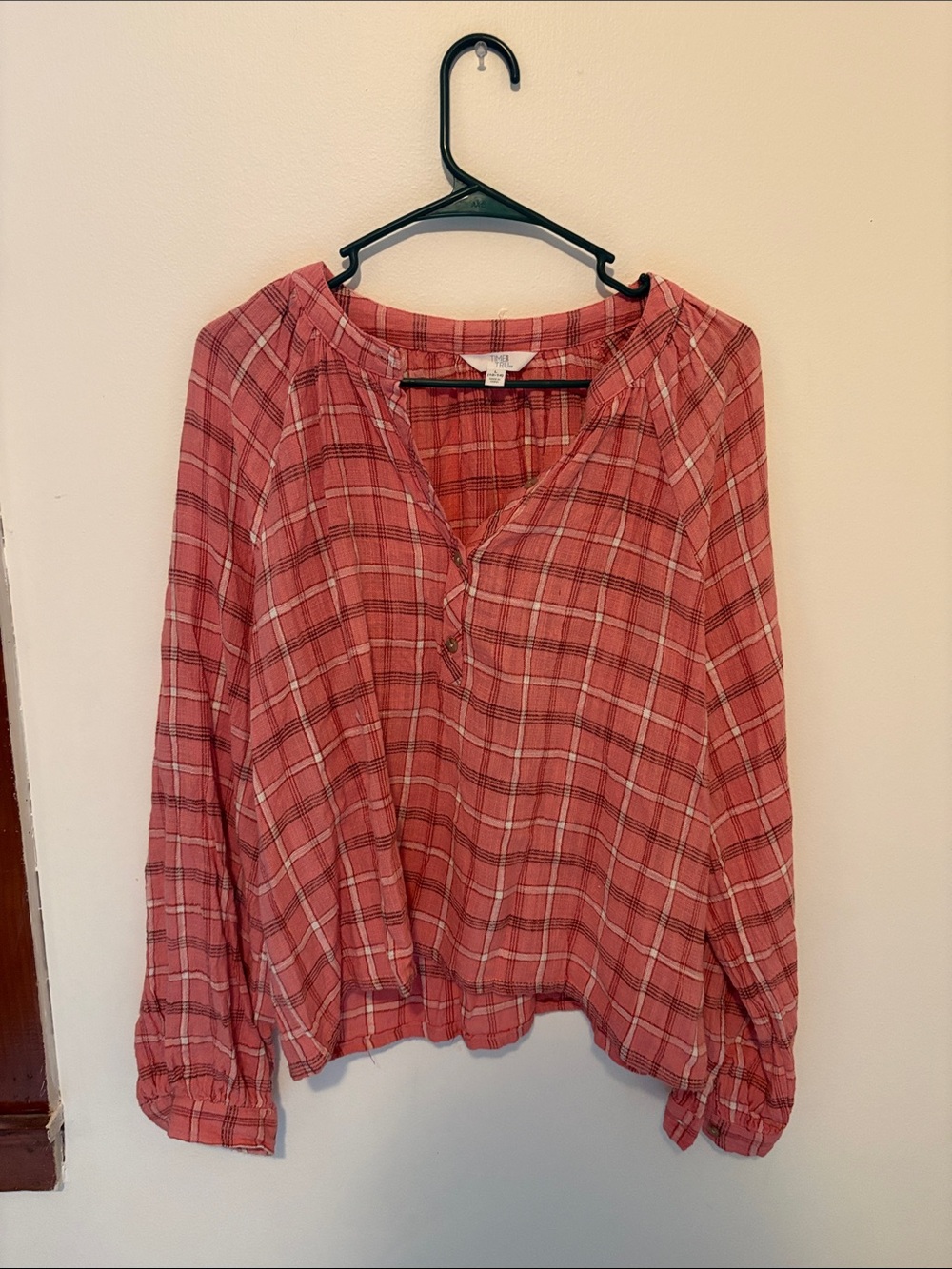 Time and Tru Pink Plaid Henley Blouse